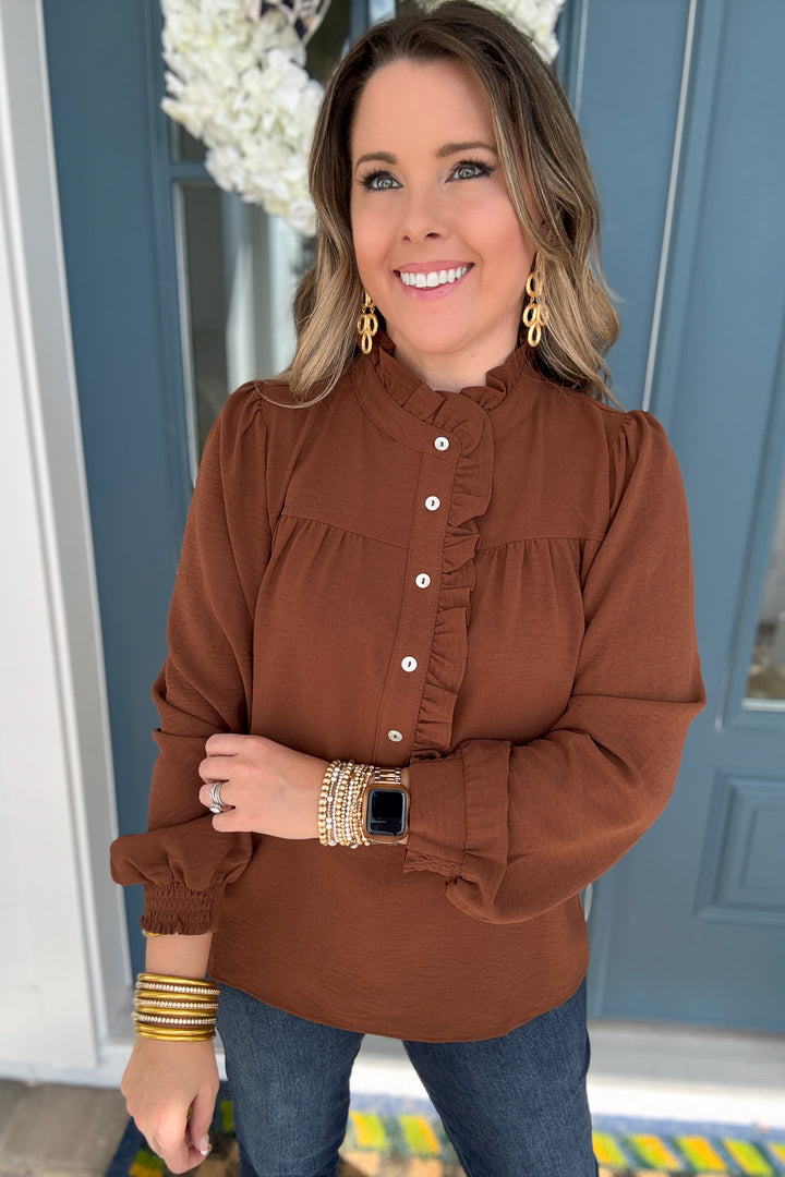Cinnamon Ruffle Button Blouse - B Social Boutique