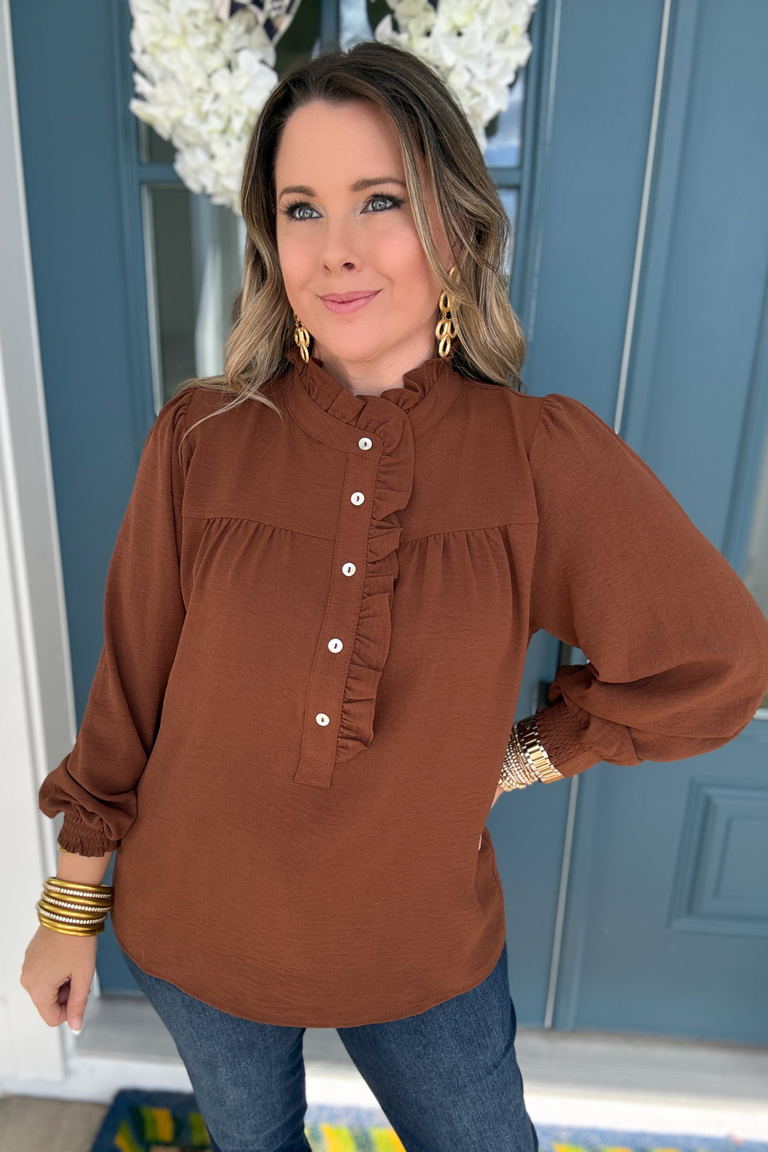Cinnamon Ruffle Button Blouse - B Social Boutique