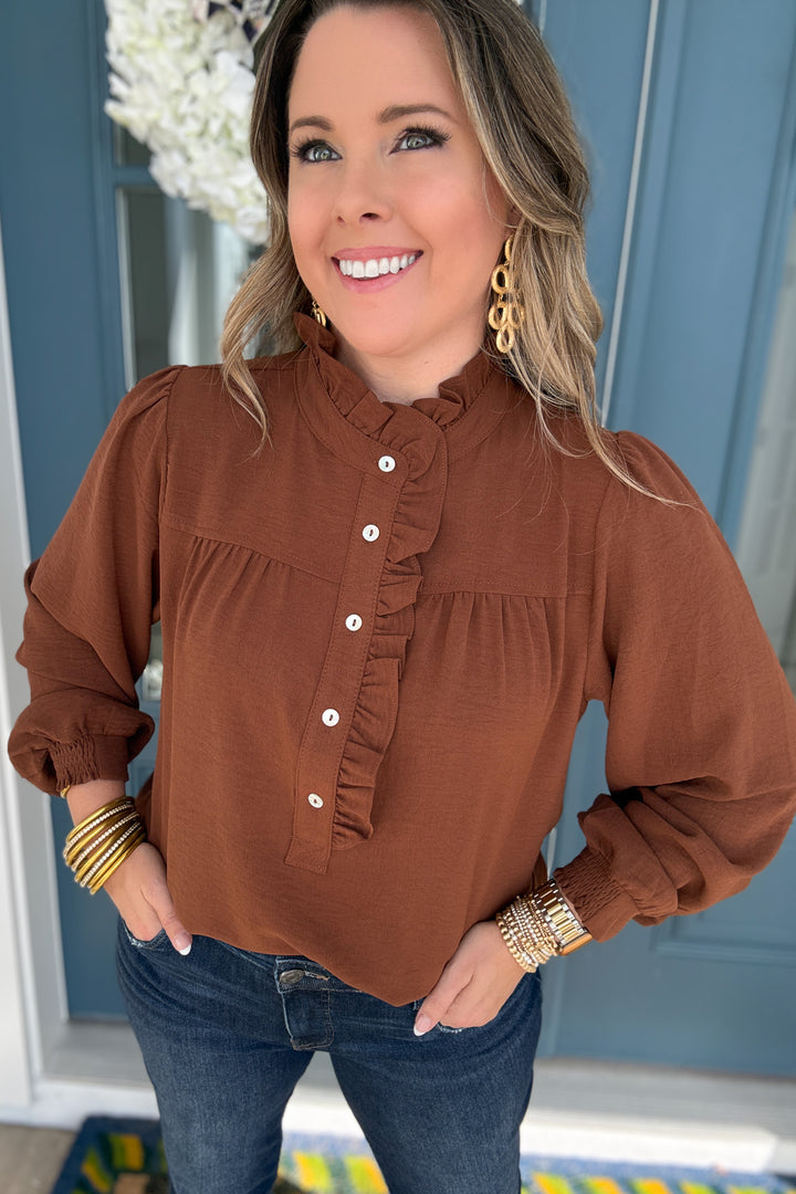 Cinnamon Ruffle Button Blouse - B Social Boutique