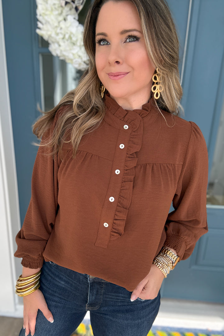 Cinnamon Ruffle Button Blouse - B Social Boutique
