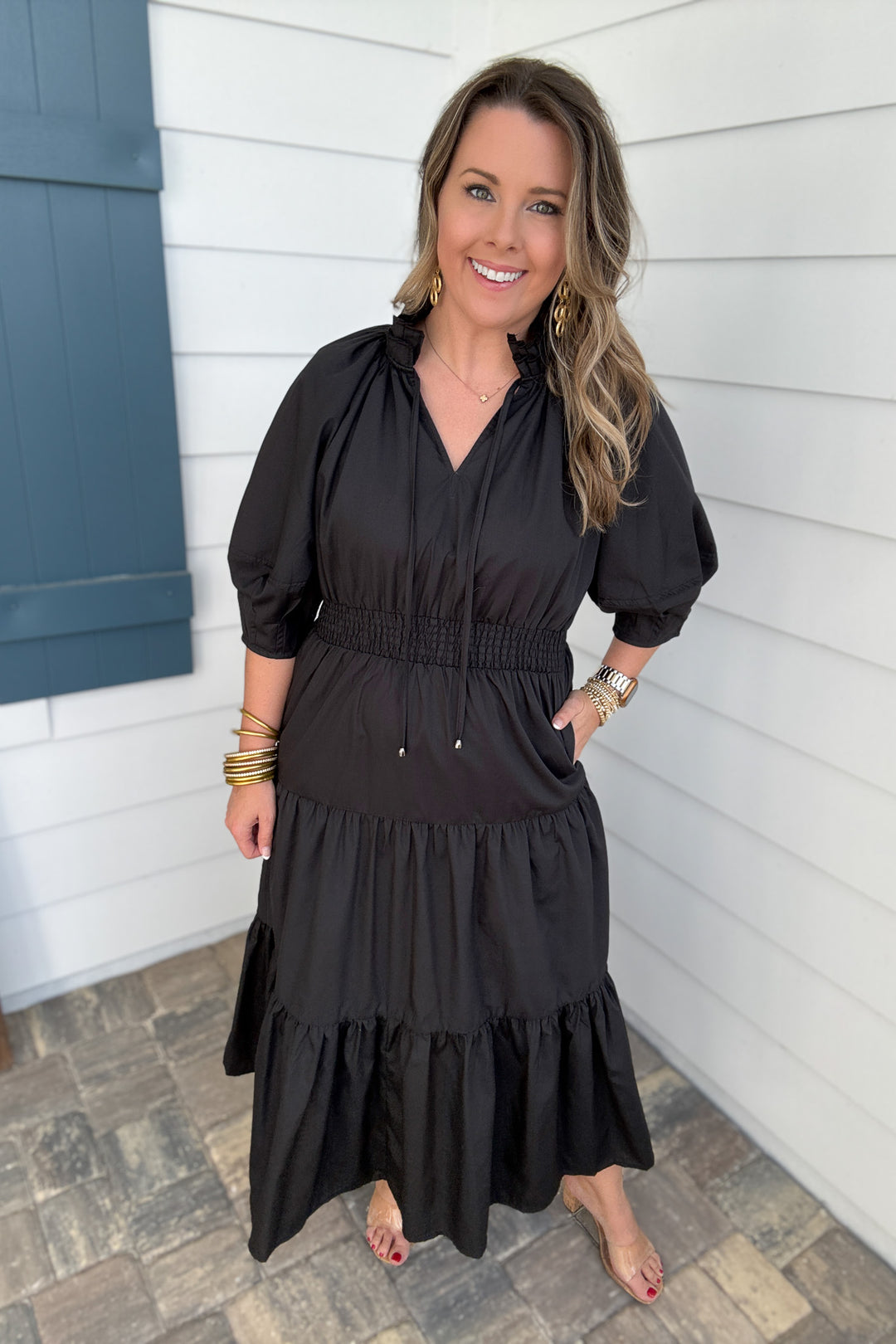 black midi dress boutique Black Mixed Sweater Midi Dress Allie May Boutique