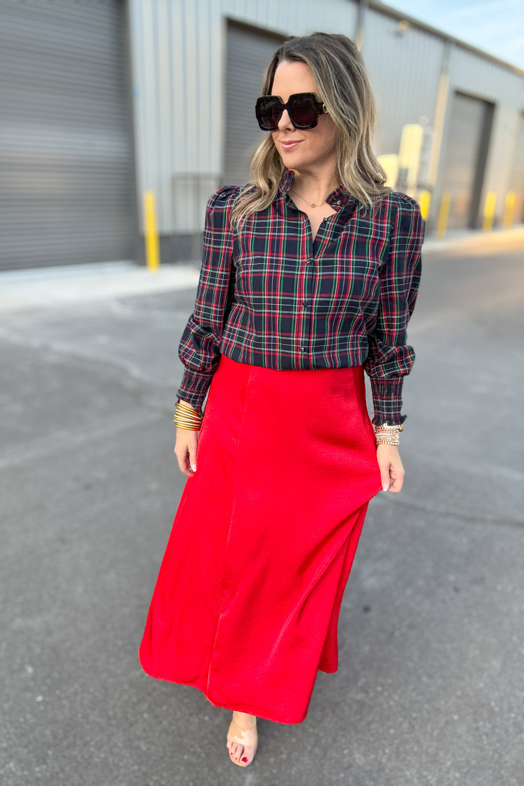 Chapman Plaid Split Neck Top - Navy