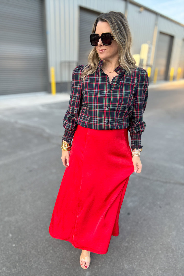 Chapman Plaid Split Neck Top - Navy