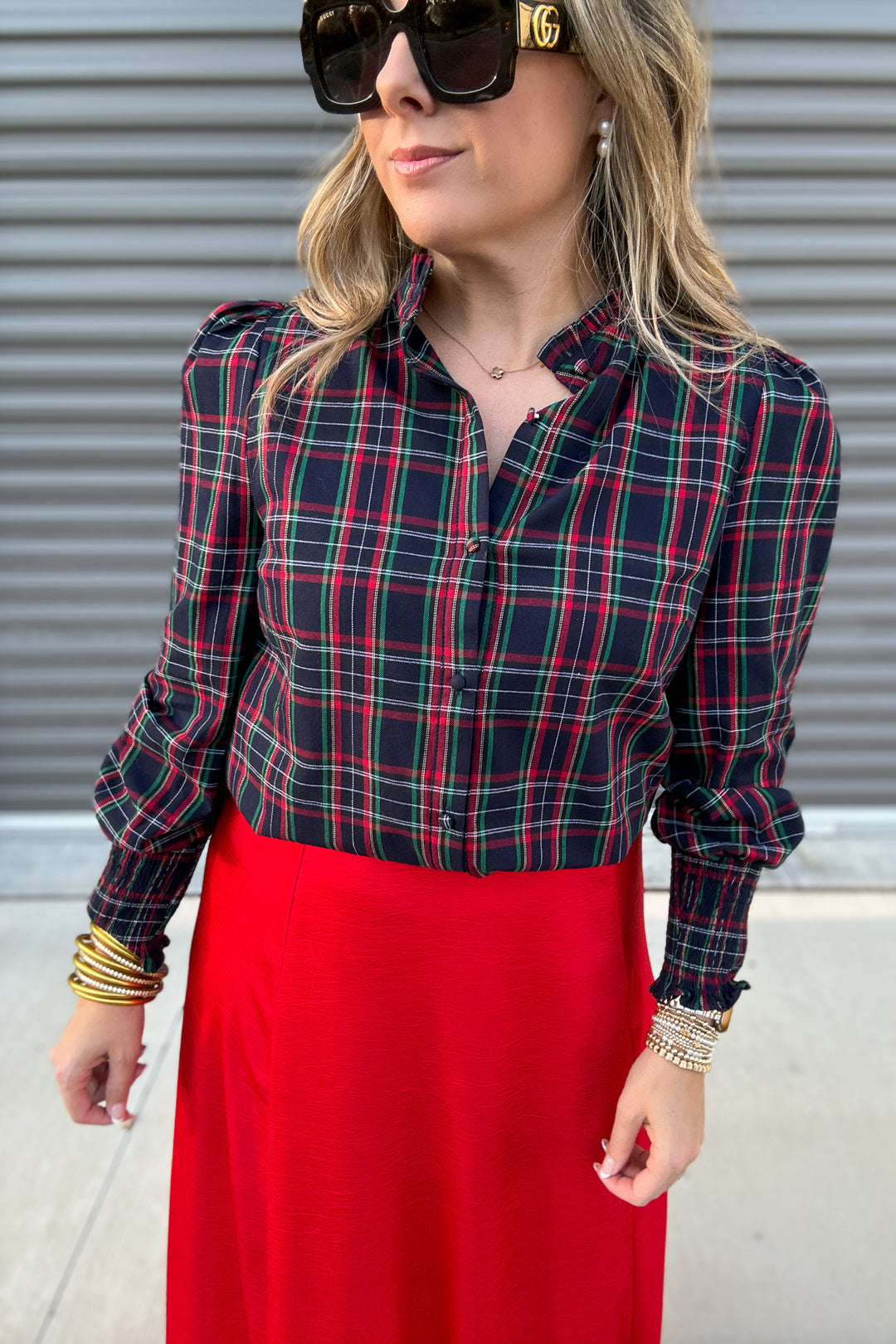 Chapman Plaid Split Neck Top - Navy