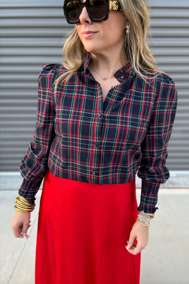 Chapman Plaid Split Neck Top - Navy