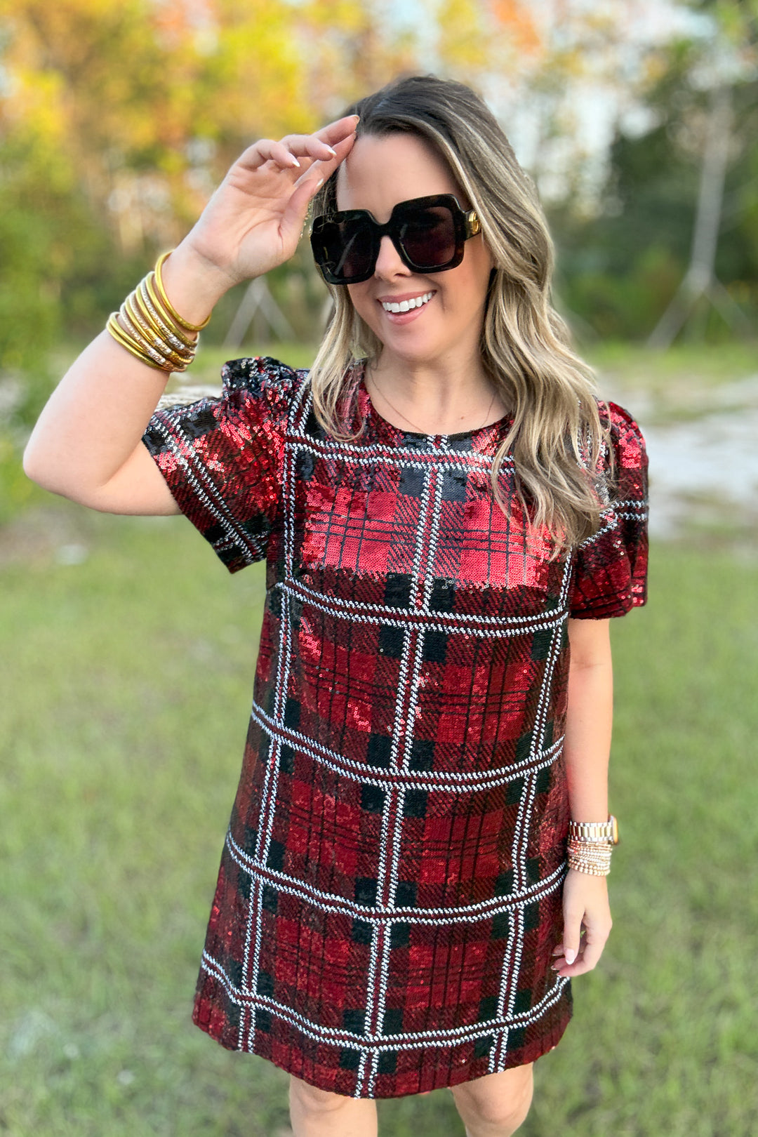 Sequin Plaid Mini Dress - Red