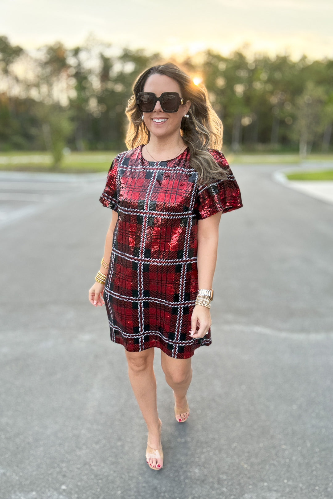 Sequin Plaid Mini Dress - Red