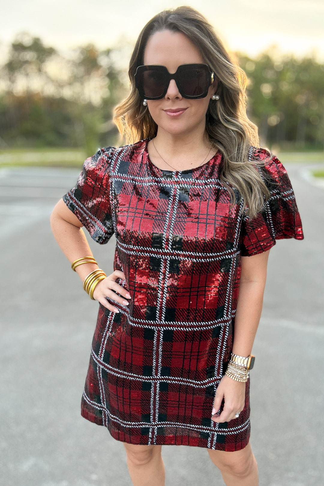 Sequin Plaid Mini Dress - Red