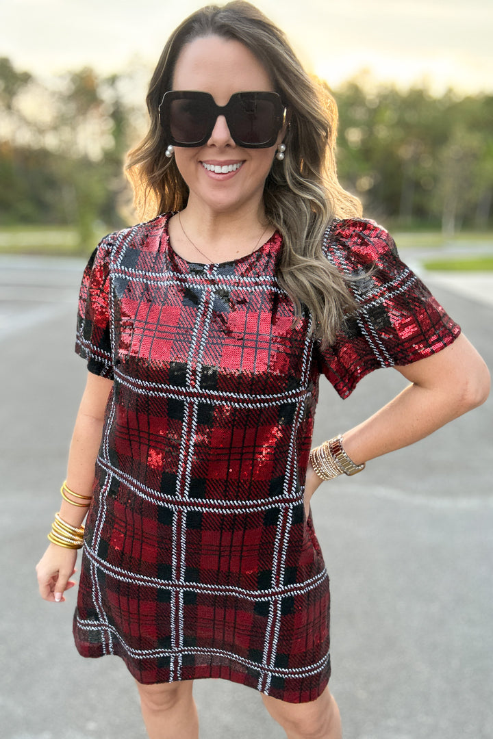 Sequin Plaid Mini Dress - Red