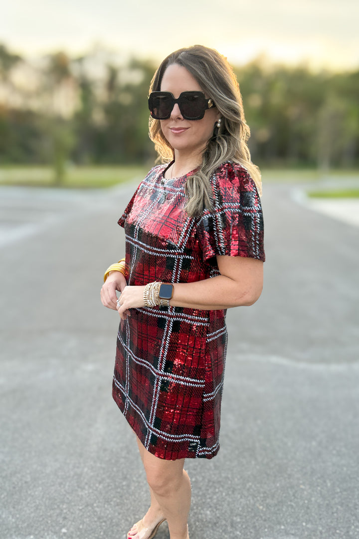 Sequin Plaid Mini Dress - Red