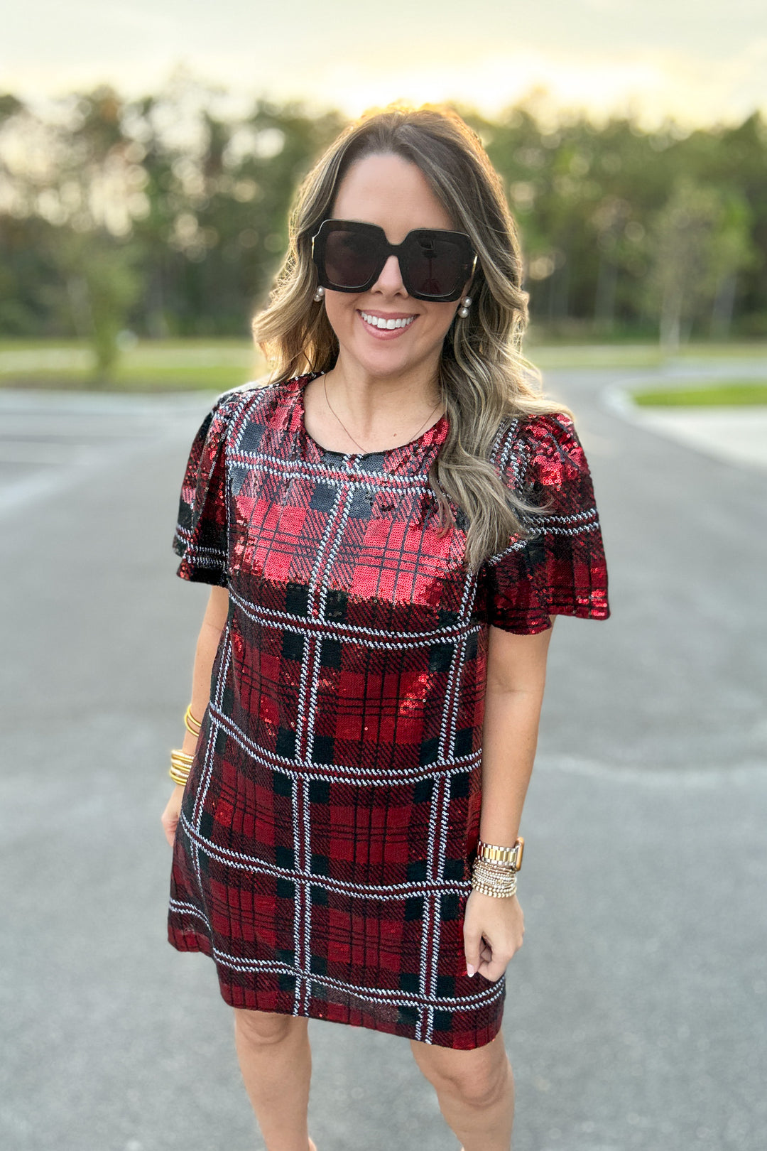 Sequin Plaid Mini Dress - Red