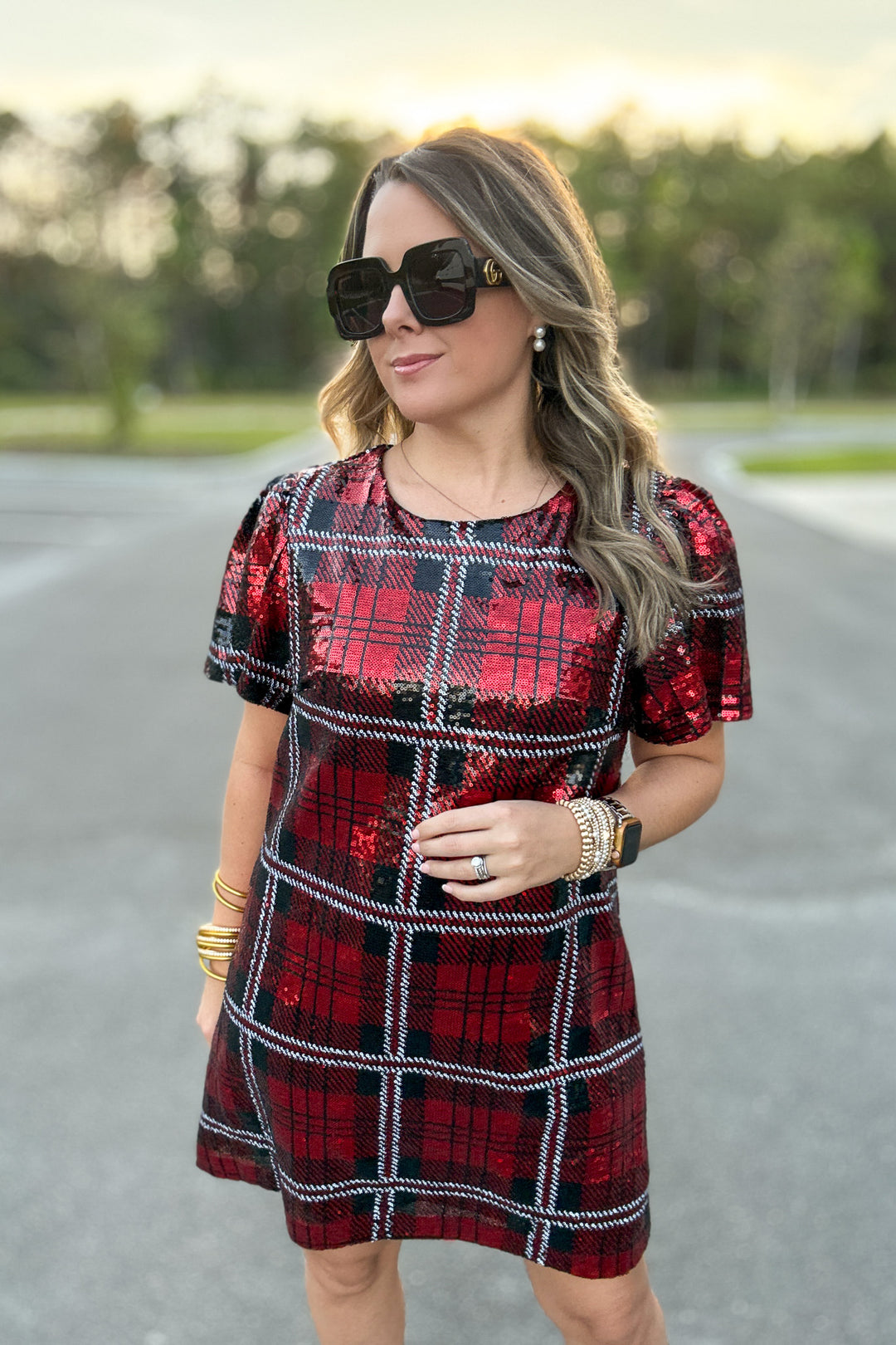 Sequin Plaid Mini Dress - Red