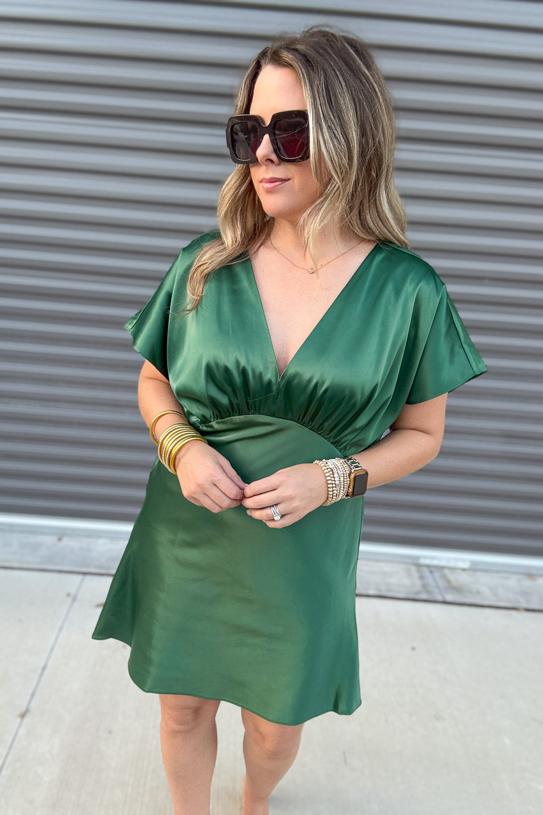 Gisele Satin Dolman Mini Dress - Green
