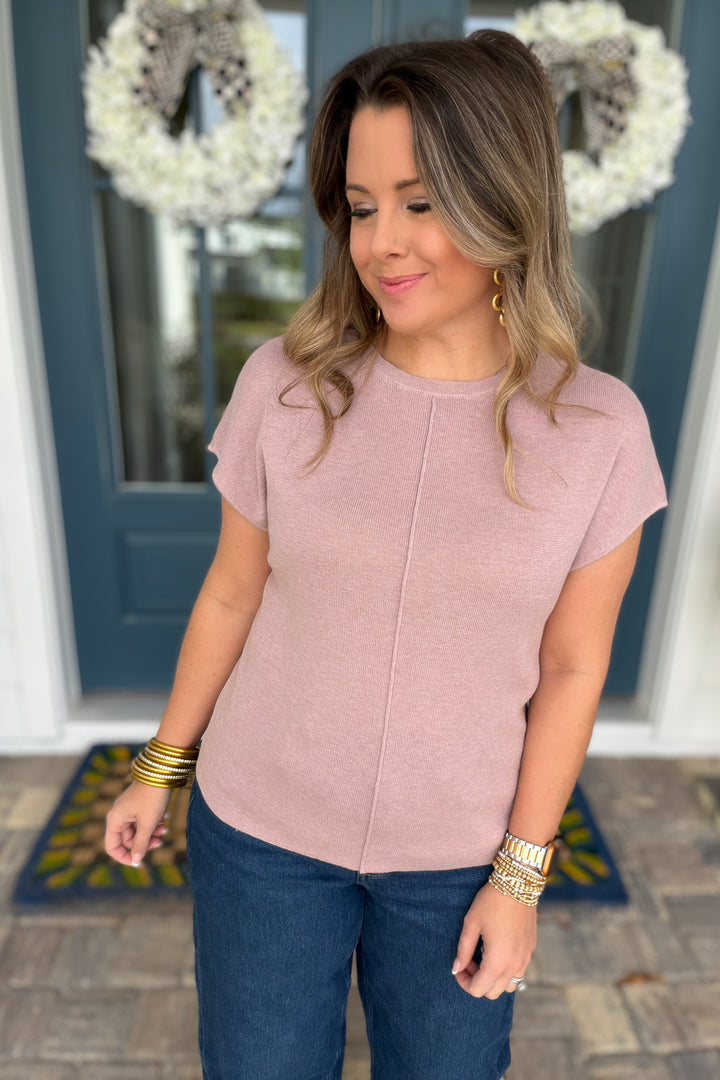 Line Up Short Sleeve Sweater Top -  Blush