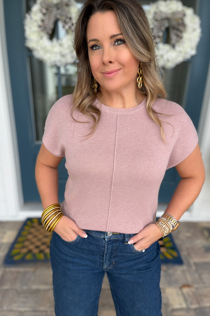 Line Up Short Sleeve Sweater Top -  Blush
