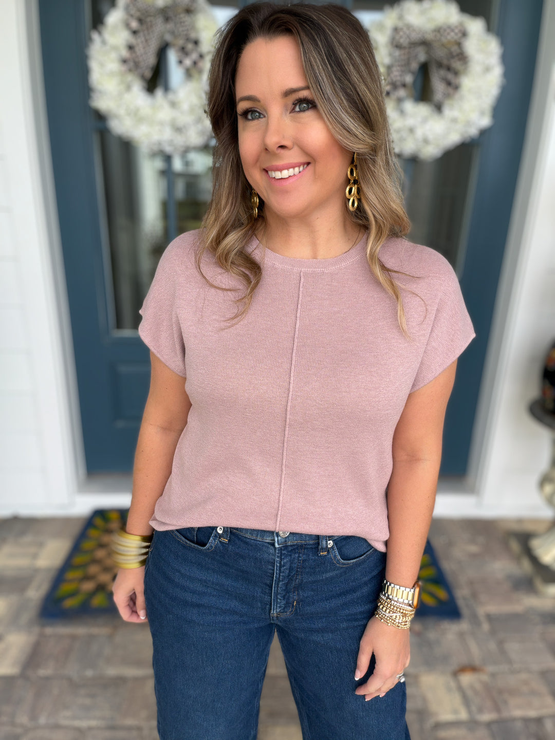 Line Up Short Sleeve Sweater Top -  Blush