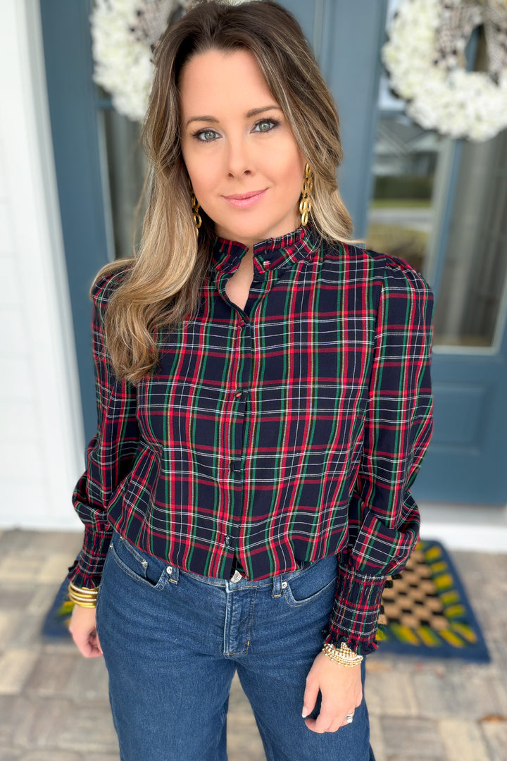 Chapman Plaid Split Neck Top - Navy
