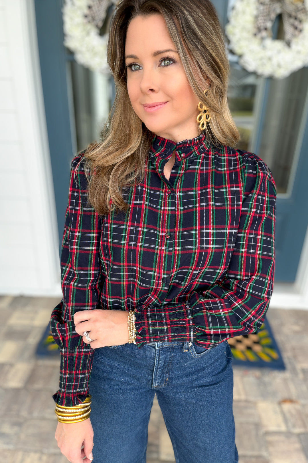 Chapman Plaid Split Neck Top - Navy