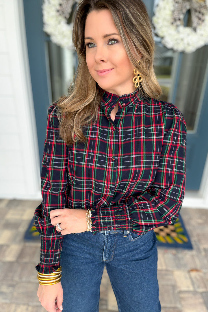 Chapman Plaid Split Neck Top - Navy