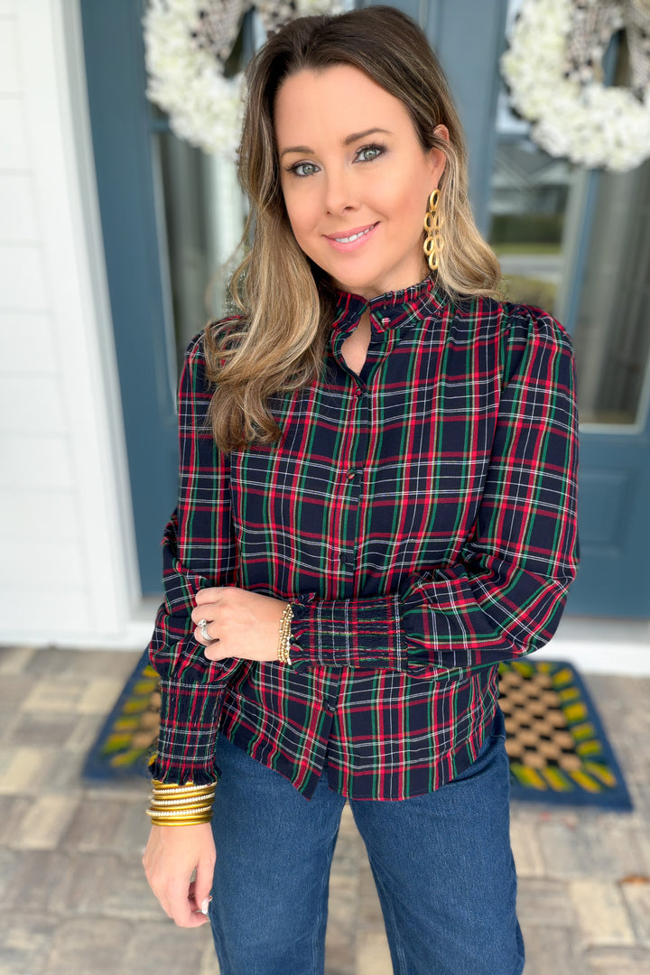 Chapman Plaid Split Neck Top - Navy