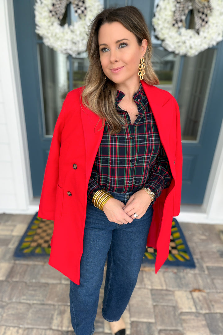 Chapman Plaid Split Neck Top - Navy