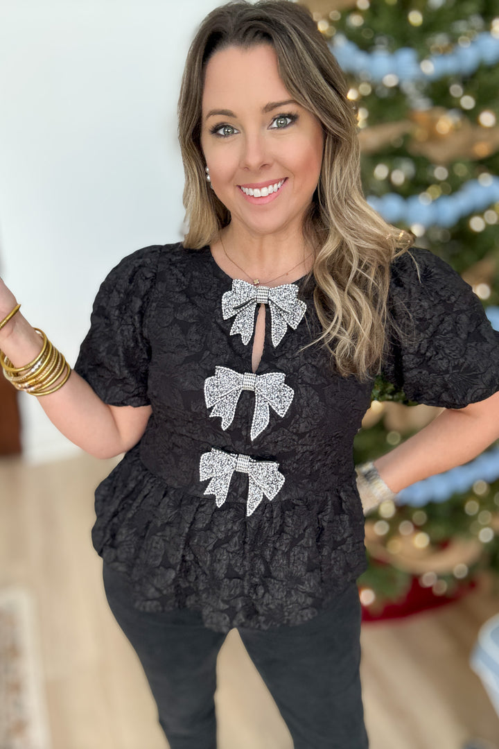 Rhinestone Bow Peplum Top
