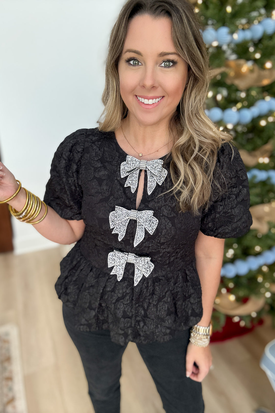 Rhinestone Bow Peplum Top