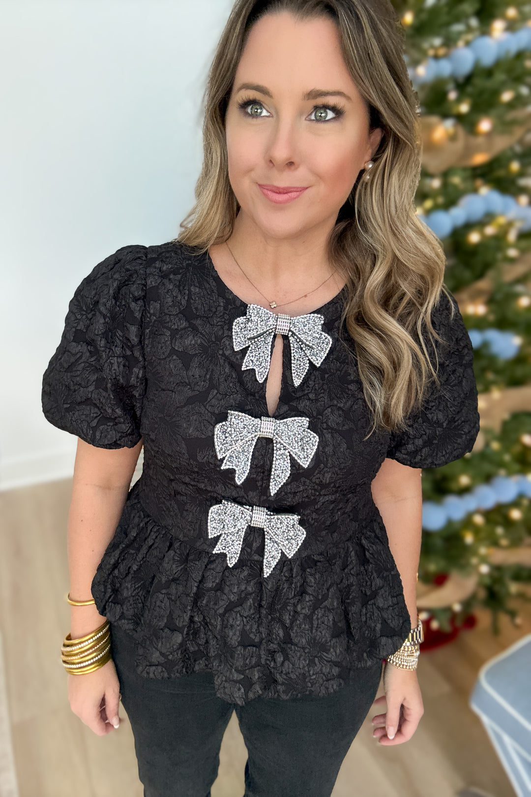 Rhinestone Bow Peplum Top