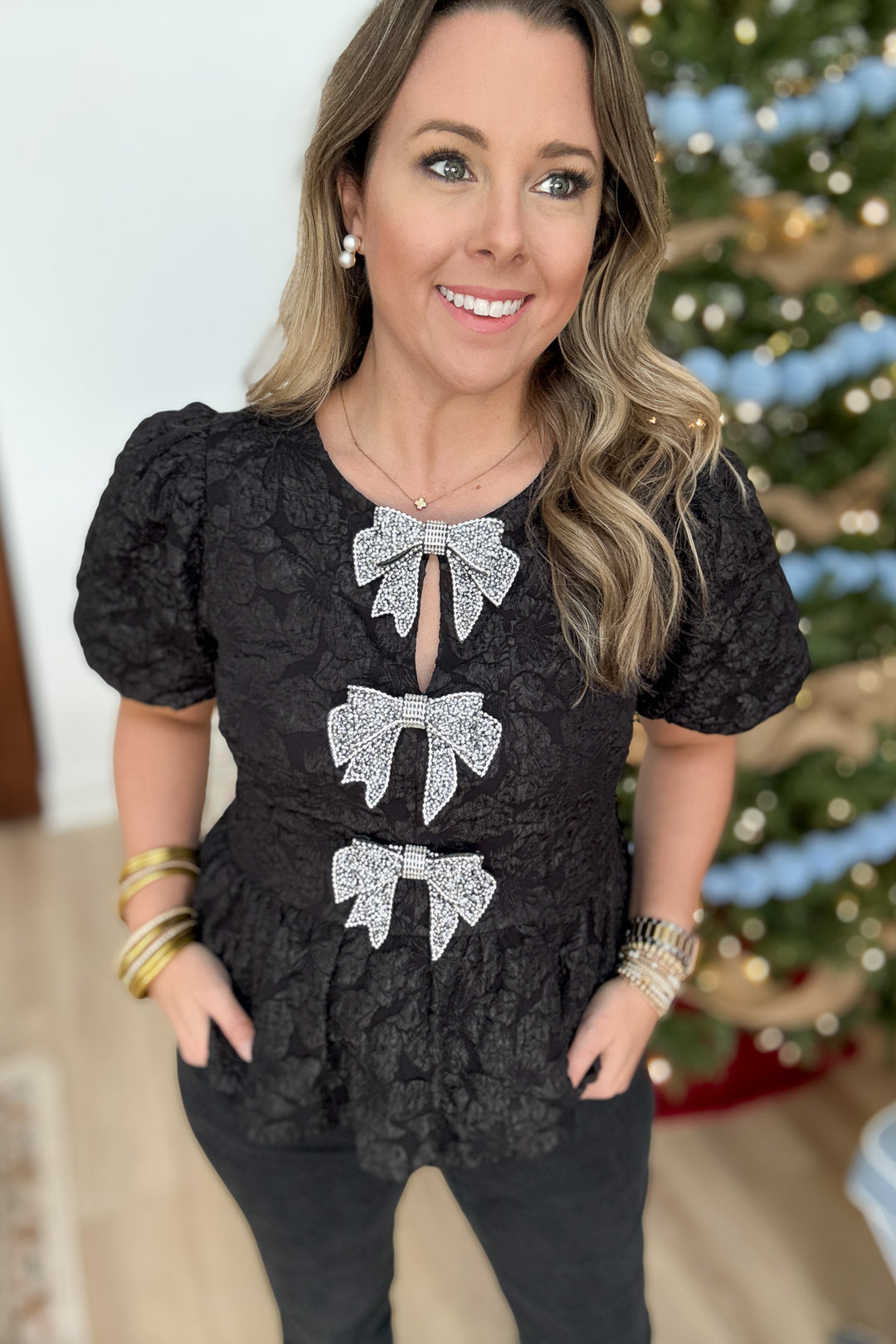 Rhinestone Bow Peplum Top