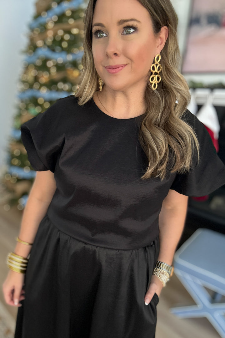 Bubble Hem Taffeta Top - Black