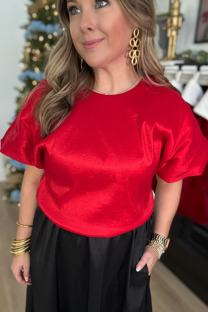 Bubble Hem Taffeta Top - Red