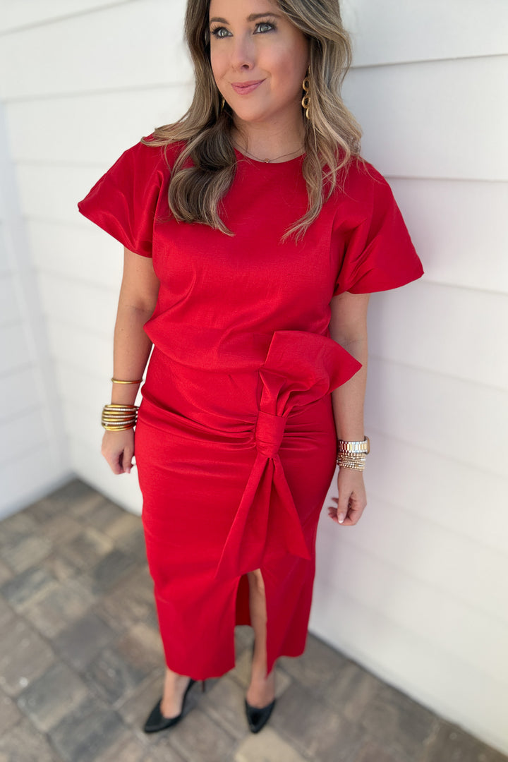 I Like Big Bows Stretch Taffeta Midi Skirt - Red