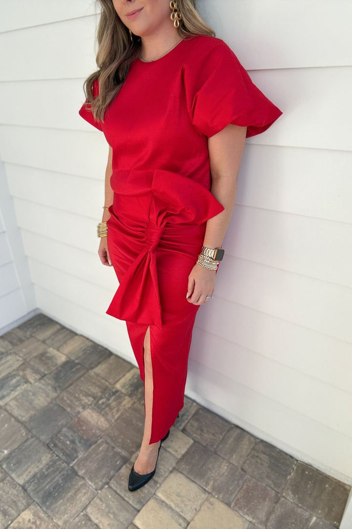 I Like Big Bows Stretch Taffeta Midi Skirt - Red