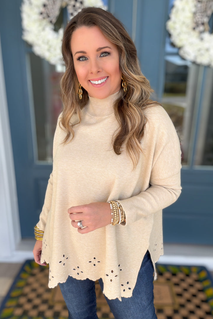 Scalloped Mock Neck Sweater - Oatmeal