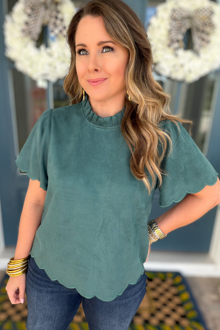 THML: Teal Suede Scalloped Top