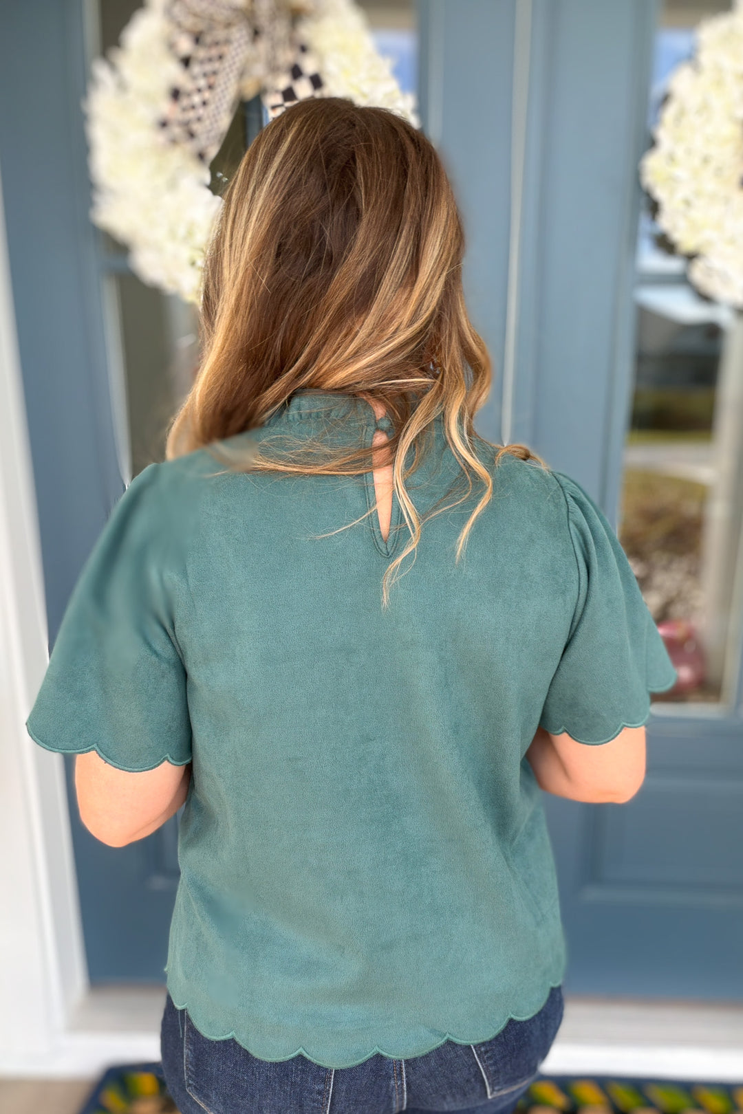 THML: Teal Suede Scalloped Top