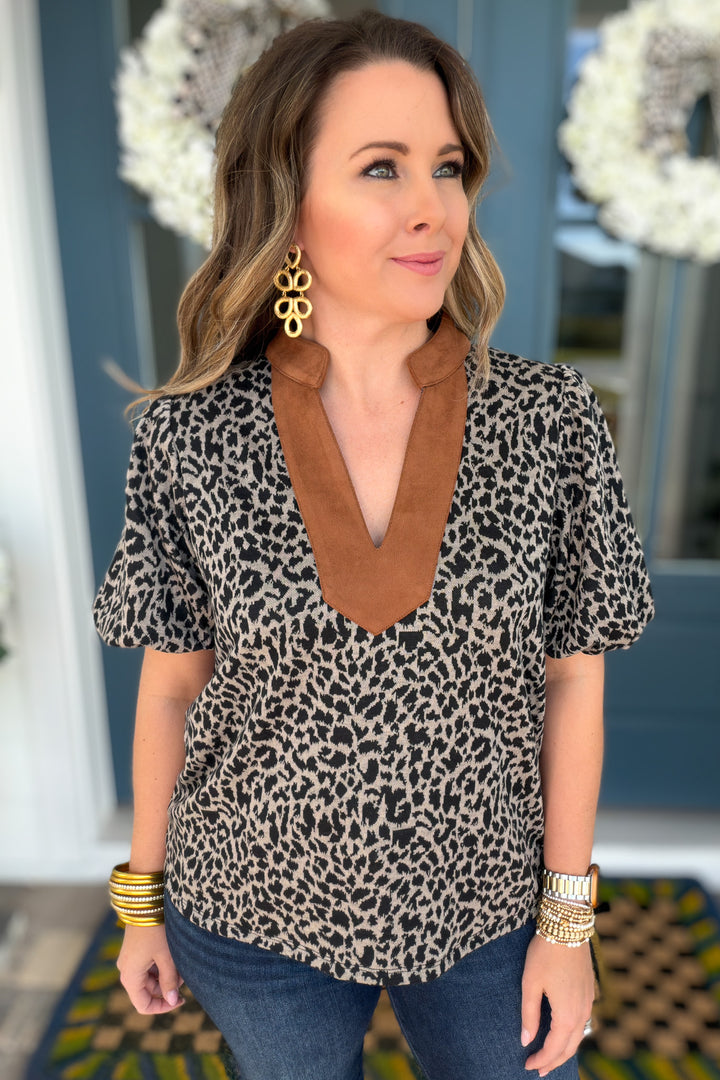 THML: Leopard Time Suede Trim Blouse