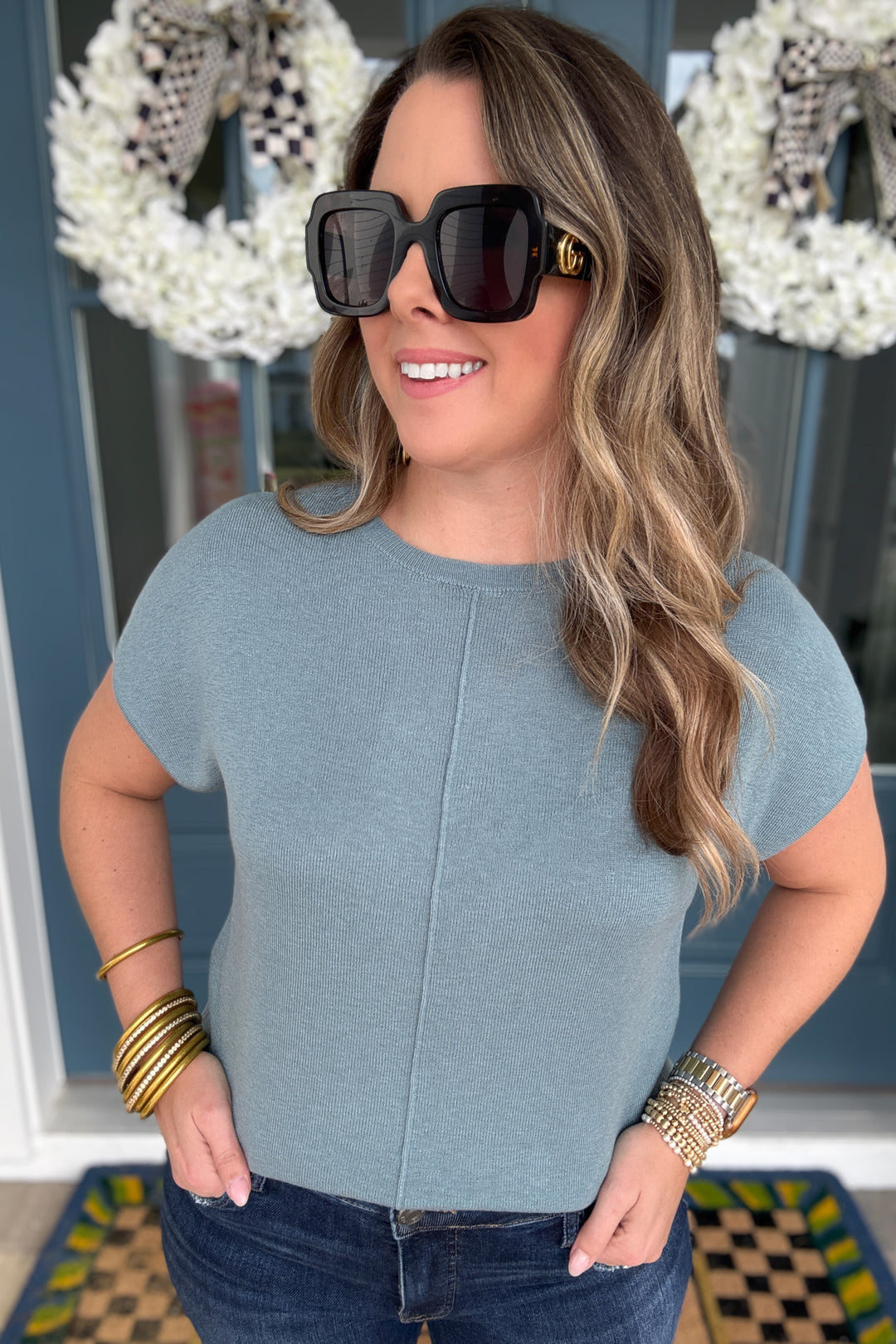 Line Up Short Sleeve Sweater Top -  Sea Blue