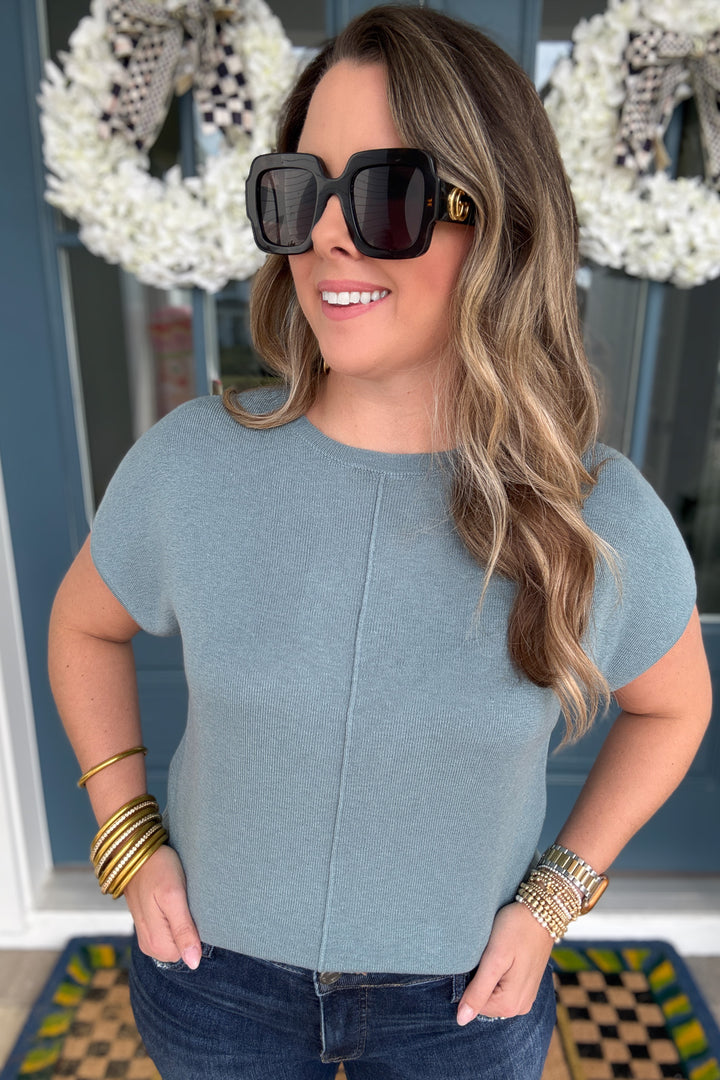 Line Up Short Sleeve Sweater Top -  Sea Blue