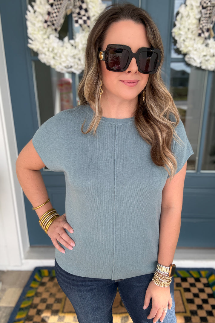 Line Up Short Sleeve Sweater Top -  Sea Blue