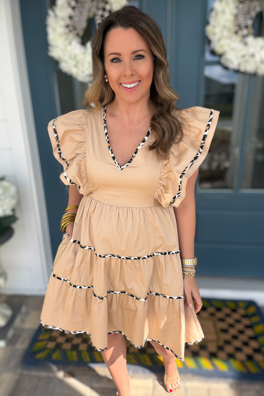 Glam Leopard Trim Dress - Tan