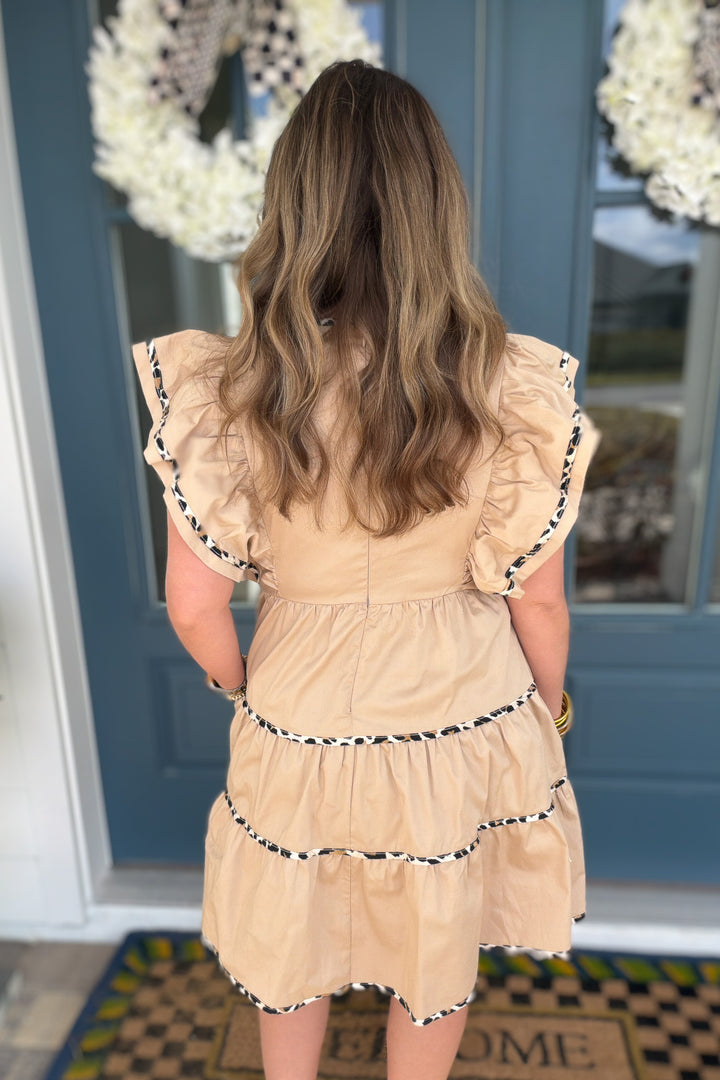 Glam Leopard Trim Dress - Tan