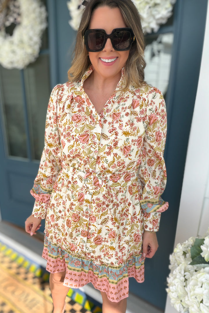 Border Print Self Tie Belt Shirt Dress - B Social Boutique