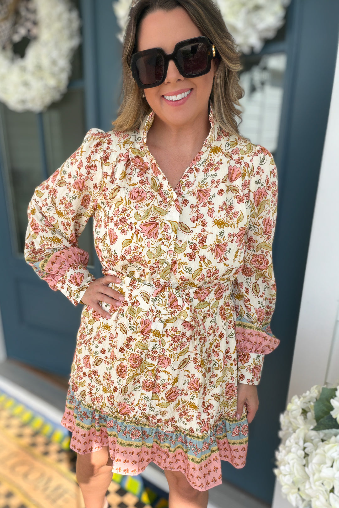 Border Print Self Tie Belt Shirt Dress - B Social Boutique