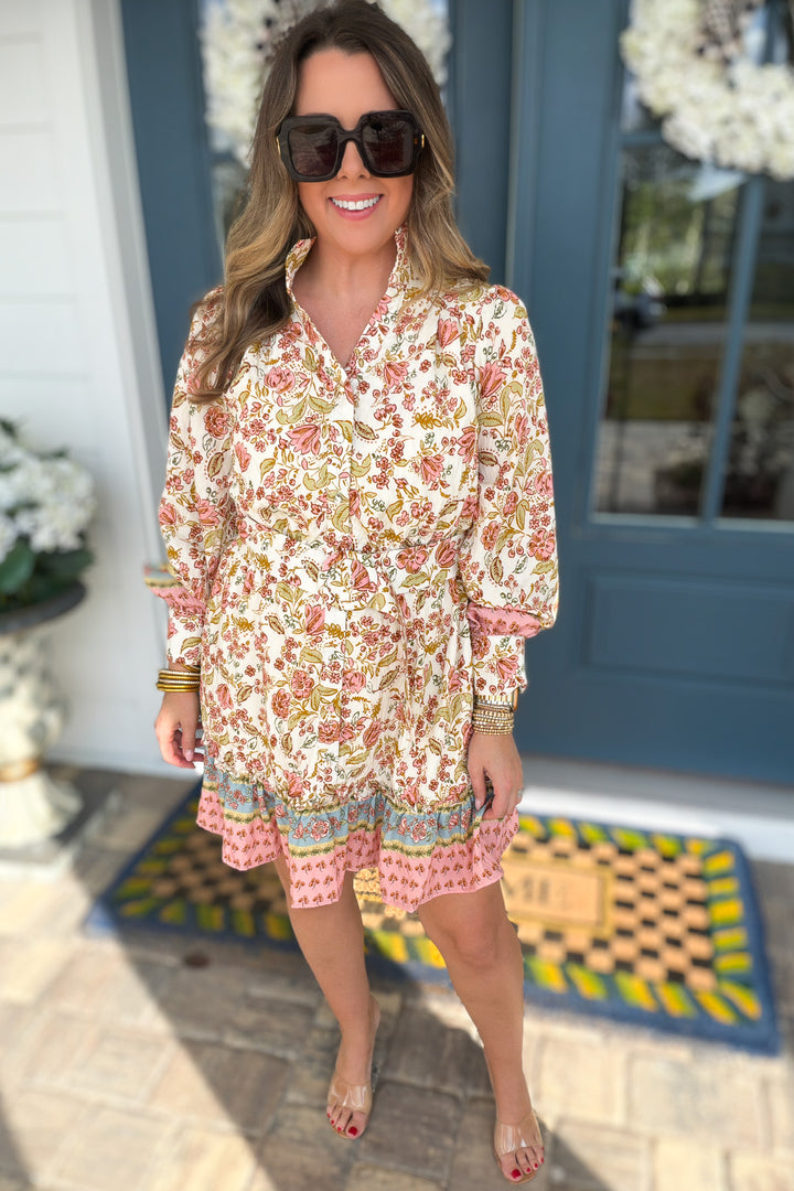 Border Print Self Tie Belt Shirt Dress - B Social Boutique