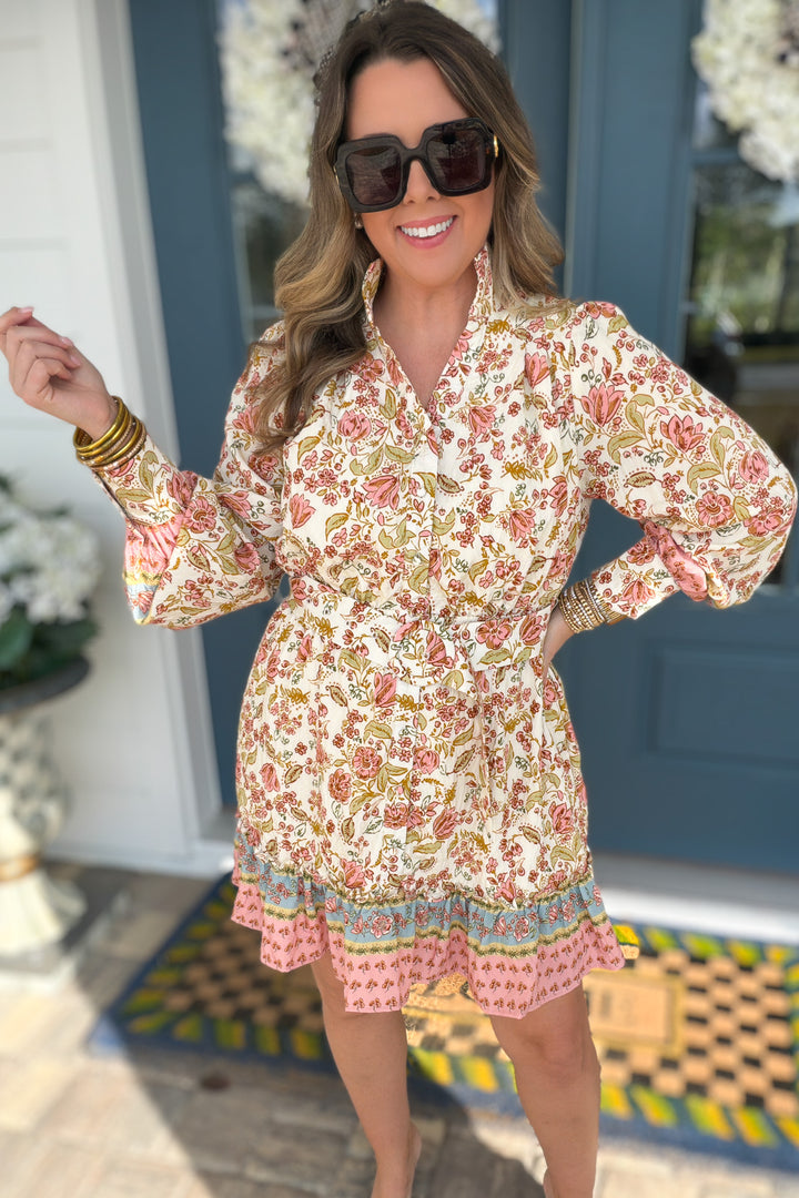 Border Print Self Tie Belt Shirt Dress - B Social Boutique