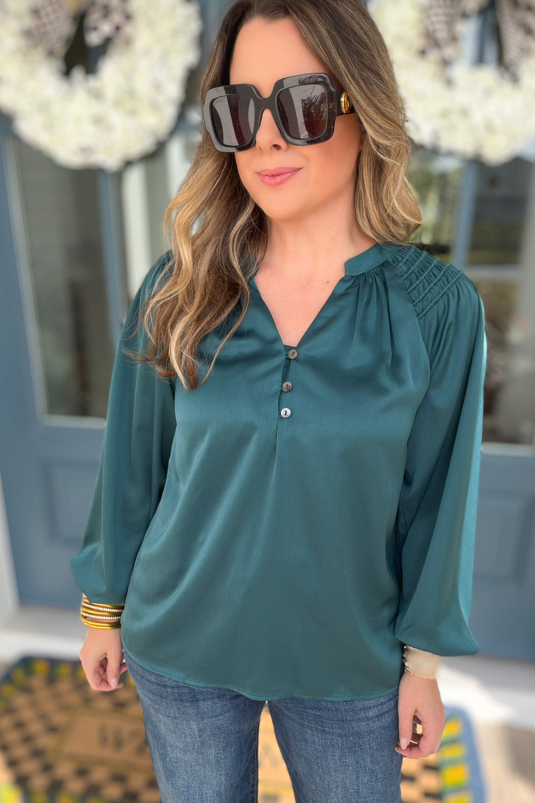 Teal Ease Button Blouse