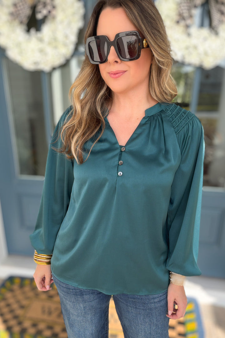 Teal Ease Button Blouse