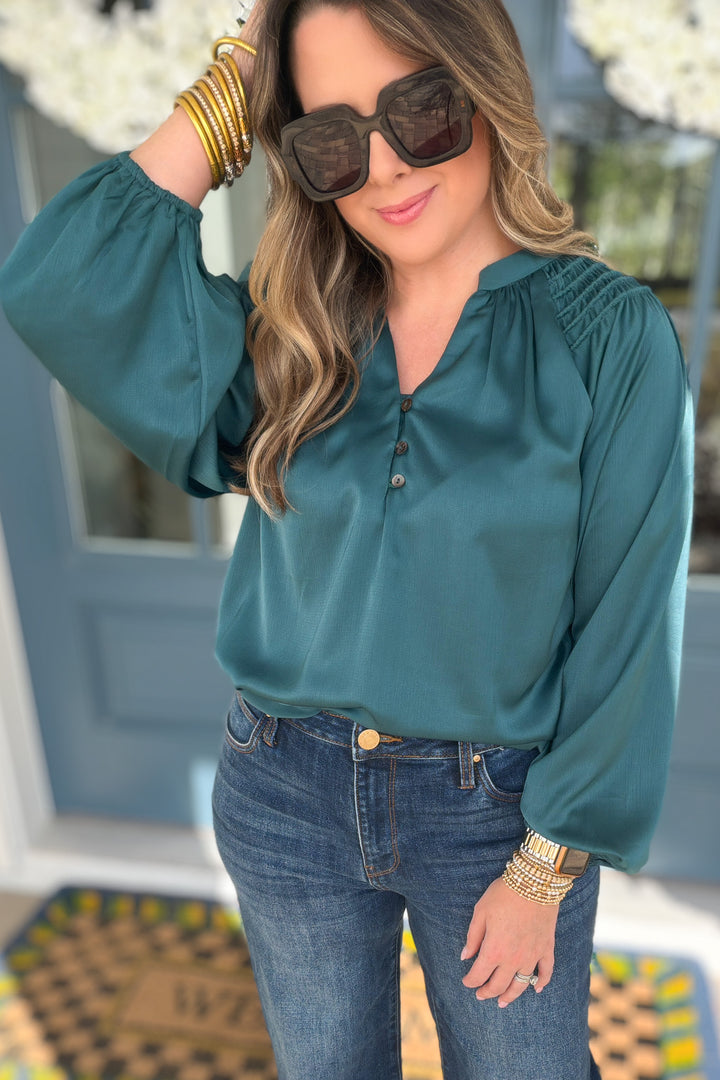 Teal Ease Button Blouse
