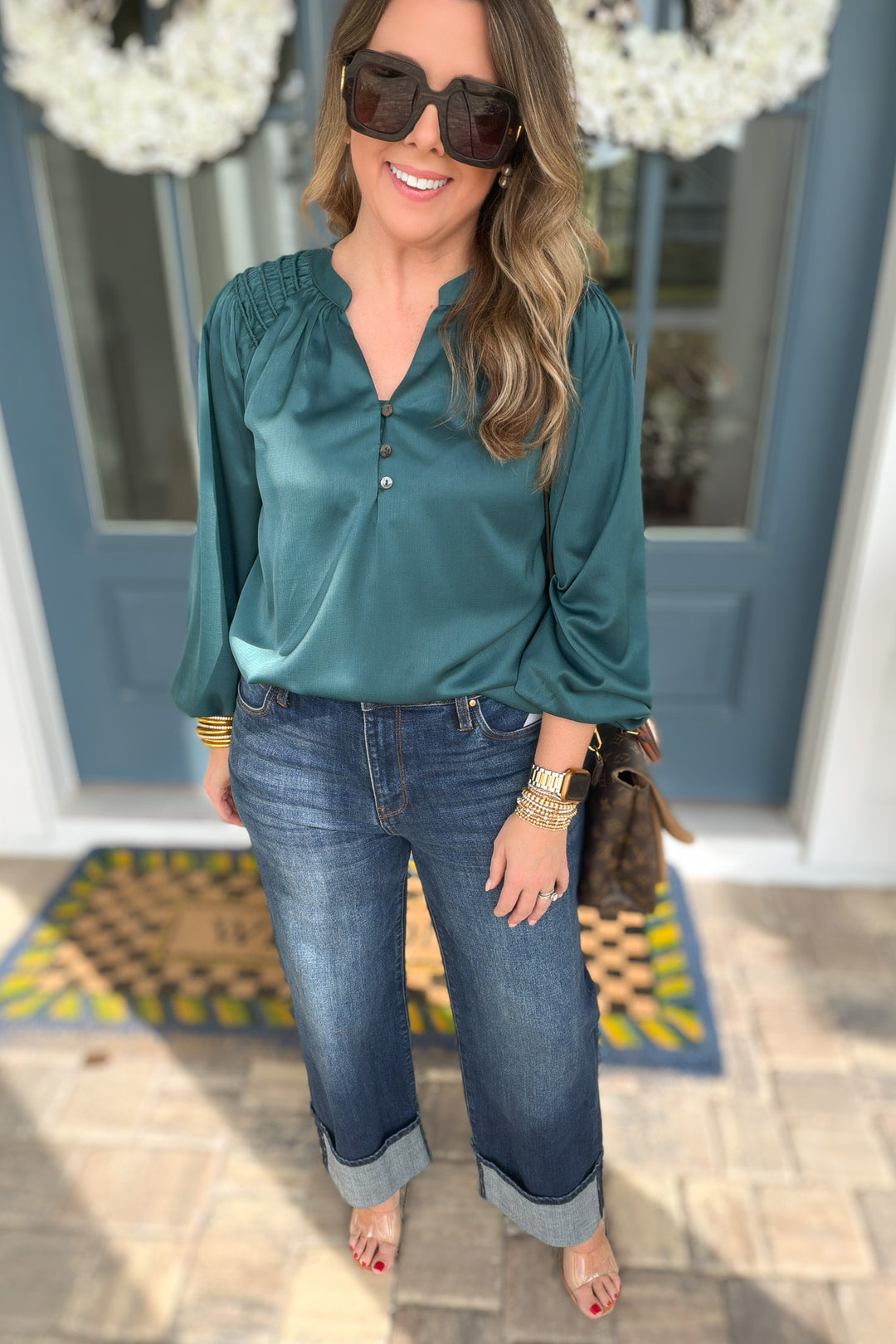 Teal Ease Button Blouse